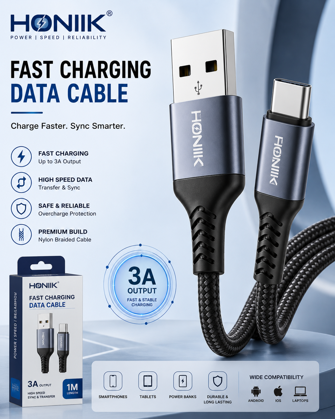 HONIIK Fast Charging Data Cable – 3A USB Type-C | Nylon Braided | 1M | Android, iOS & Laptop Compatible