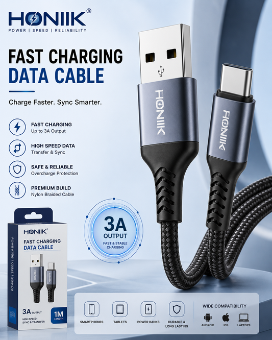 HONIIK Fast Charging Data Cable – 3A USB Type-C | Nylon Braided | 1M | Android, iOS & Laptop Compatible