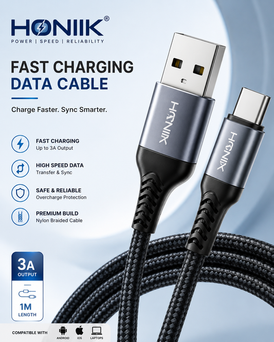 HONIIK Fast Charging Data Cable – 3A USB Type-C | Nylon Braided | 1M | Android, iOS & Laptop Compatible